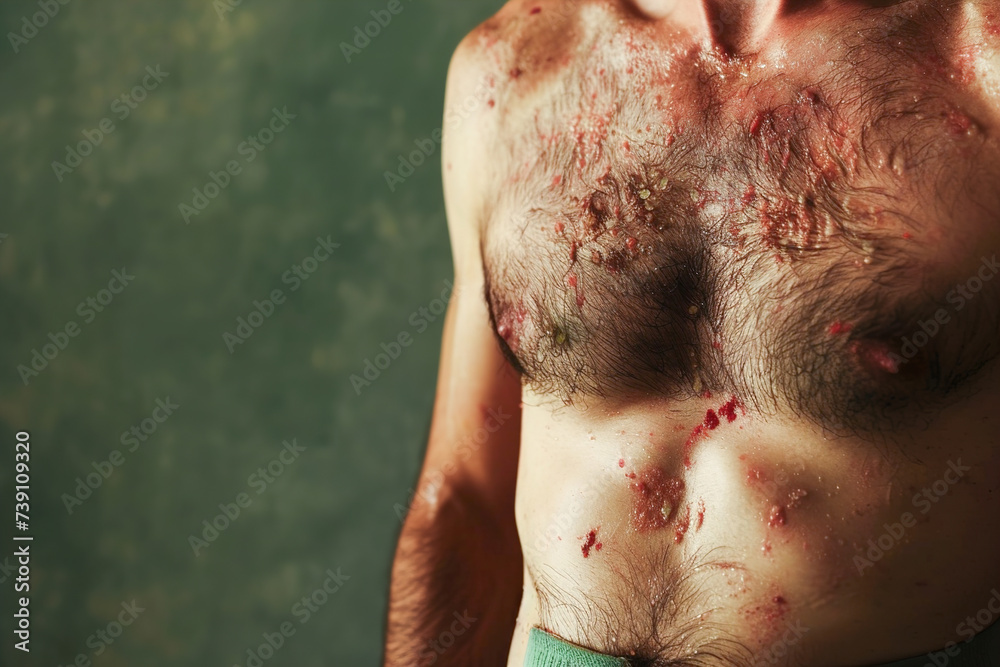 Naklejka premium Person's torso with visualizations highlighting hives and swelling, illustrating a severe allergic reaction to an unknown allergen.