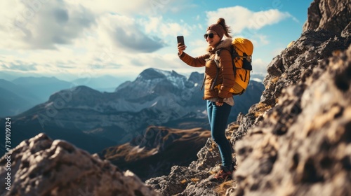 Young hiker woman taking selfie portrait on the top of beautiful mountain - Happy guy smiling at camera