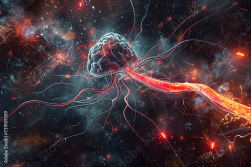 A dynamic digital illustration of the nervous system, showcasing neurons firing and transmitting signals throughout the brain and spinal cord.
