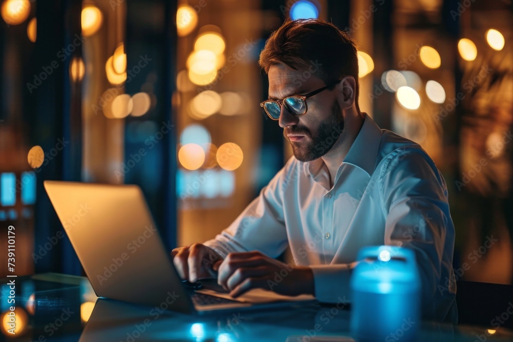 A handsome young businessman using a laptop computer in the office. A successful entrepreneur, a small business owner working online against the background of bright evening Bokeh. A handsome young businessman using a laptop computer in the office. A successful entrepreneur, a small business owner working online against the background of bright evening Bokeh.