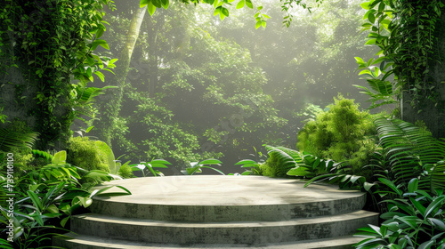 Podium for product in nature tropical forest garden green plant.