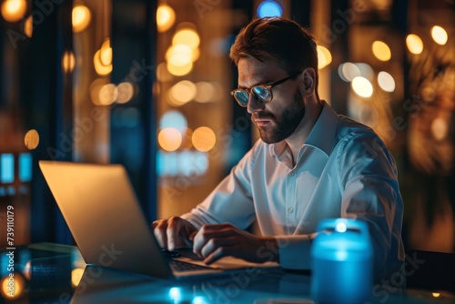 A handsome young businessman using a laptop computer in the office. A successful entrepreneur, a small business owner working online against the background of bright evening Bokeh.