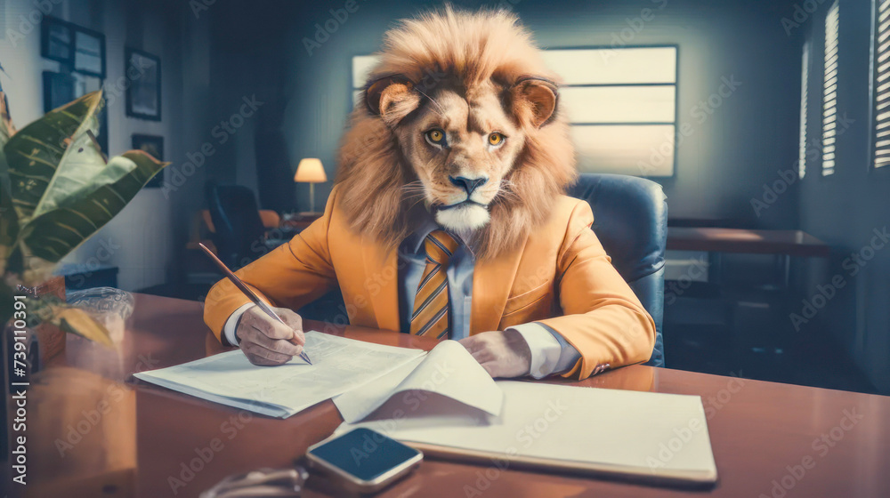 Leo in a yellow suit suit and tie is writing documents at a desk in the office