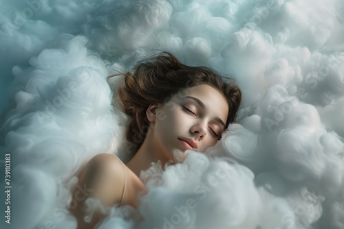 Amidst billowing clouds, a woman rests, a serene expression as she drifts into a tranquil sleep.