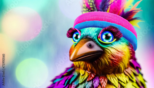 A close-up image of a whimsical, colorful retro bird's face wearing 80s fitness fashion accessories, including a neon headband and vibrant eye makeup