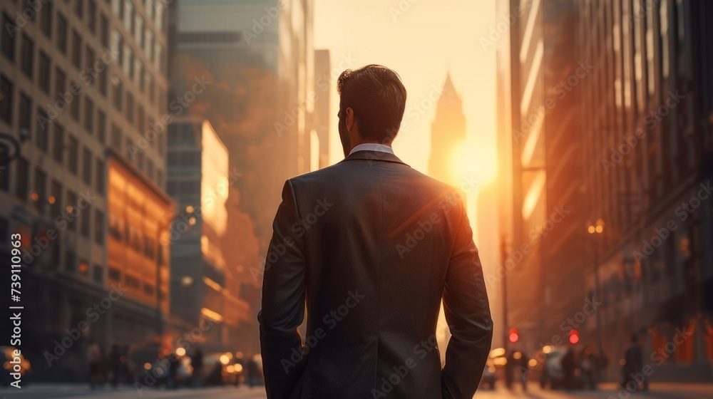 Rear view of a successful Businessman in a big city standing on the street at sunrise or sunset.