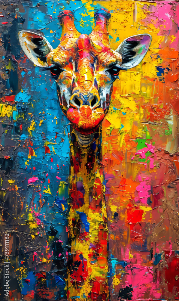 Giraffe head on colorful background. Fragment of artwork. Oil color painting.
