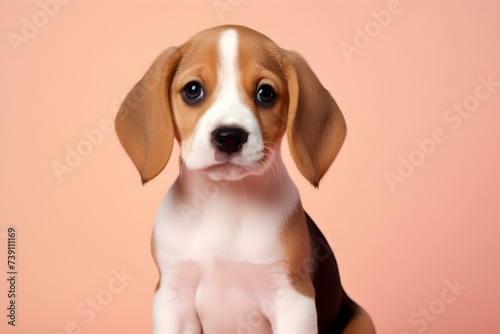 Sweet Beagle puppy posing in front of a gentle peach background. Concept Pets, Puppies, Photography, Props, Backgrounds