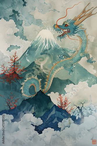 龍と富士山の縁起の良いイラスト、日本風の絵画
