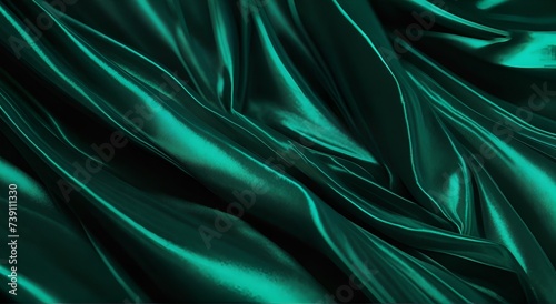 Wavy folds of luxurious satin velvet, elegant and smooth emerald green abstract silk texture folds background