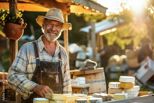 A rustic farmer stands proudly beside a farm-fresh cheese display, showcasing his homemade dairy products under the warm sunlight. photo