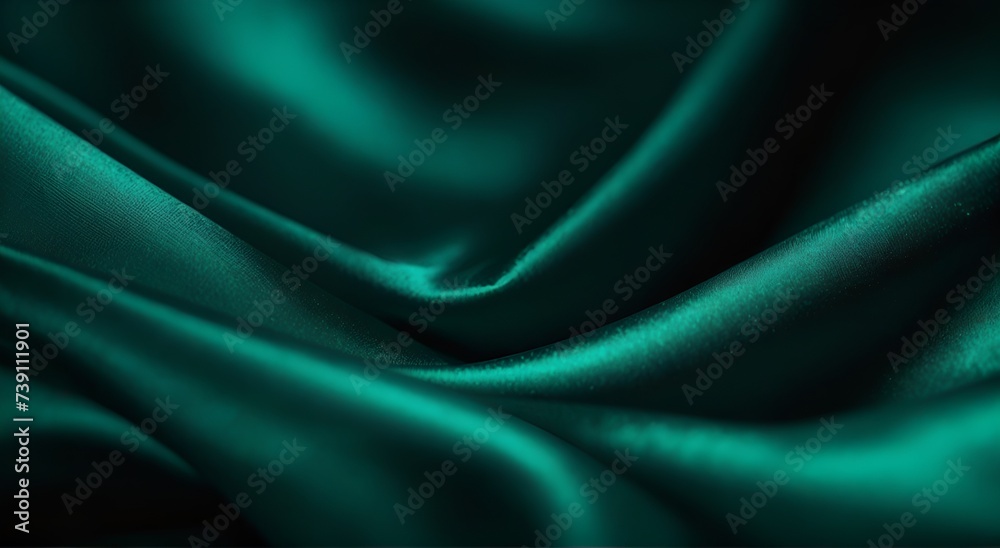 Wavy folds of luxurious satin velvet, elegant and smooth emerald green abstract silk texture folds background