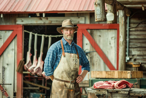 An earnest contemporary farmer stands before his barn, presenting an assortment of locally sourced meats for sale, emphasizing quality and sustainability. photo