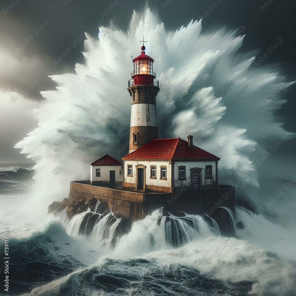 Lighthouse during storm with huge wave crashing into it.
