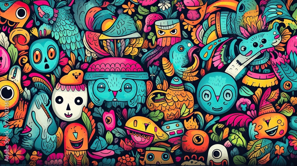 Obraz premium colorful Hand Drawn cute animals Doodles Background, Generative AI