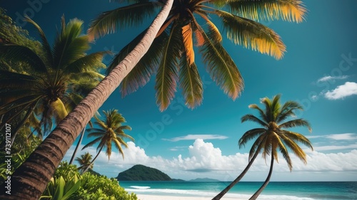 Palm tree on the beach  beach wallpaper  sea landscape and coconut tree wallpaper  beach background  a beautiful sea on whose shores there are many plants and trees