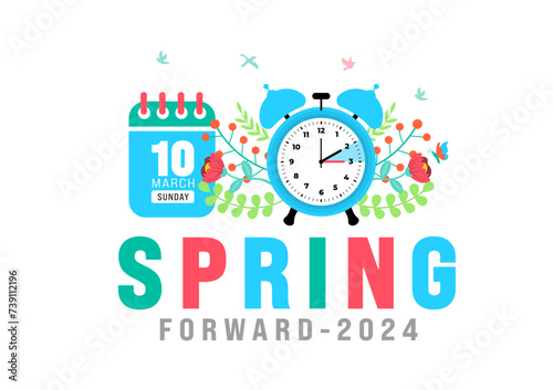 Spring Forward concept 2024 banner. Daylight Saving Time Starts background with cartoon doodle style with funny clock flower. schedule of changing clocks at march 10, 2024. Spring Forward clock banner