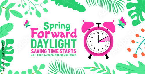 Spring Forward concept 2024 banner. Daylight Saving Time Starts background with cartoon doodle style with funny clock flower. schedule of changing clocks at march 10, 2024. Spring Forward clock banner photo