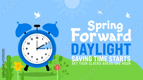 Spring Forward concept 2024 banner. Daylight Saving Time Starts background with cartoon doodle style with funny clock flower. schedule of changing clocks at march 10, 2024. Spring Forward clock banner