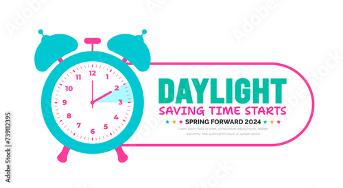 Spring Forward concept 2024 banner. Daylight Saving Time Starts background with cartoon doodle style with funny clock flower. schedule of changing clocks at march 10, 2024. Spring Forward clock banner