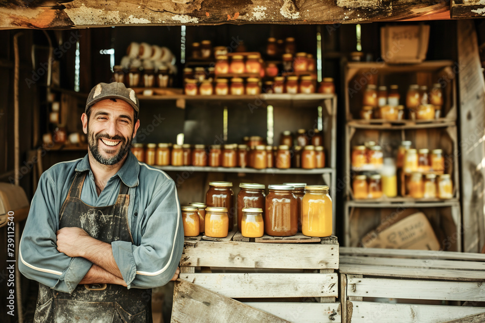 A smiling farmer stands proudly beside rustic wooden crates filled with jars of honey, showcasing his organic produceÐ»
