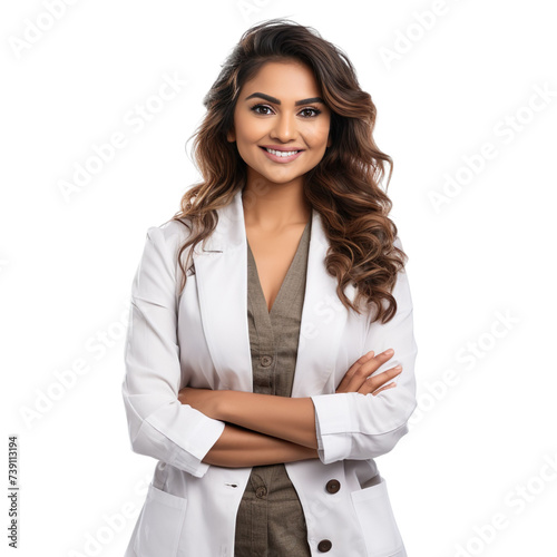 Front view mid body shot of an extremely beautiful Indian female model dressed as a Nutritionist smiling with arms folded, isolated on a white transparent  background