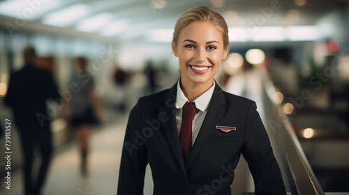 Female Flight Attendant in uniform smiling background airport big smile shows teeth © tinyt.studio