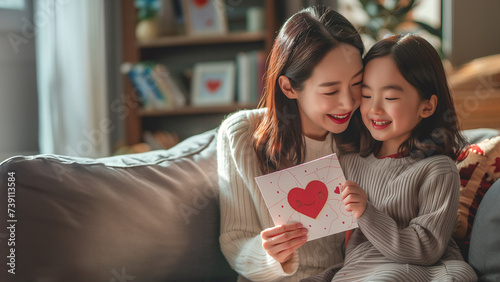 A heartfelt scene with a smiling mother and child enjoying a love card, in a home filled with joy. Mother and daughter sharing a serene moment.