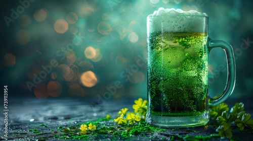 Festive green beer with frothy head on a rustic table, adorned with shamrocks for St. Patrick's Day celebration