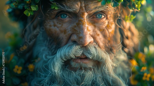  Mystical aged leprechaun with striking blue eyes, surrounded by clovers, embodying the spirit of St. Patrick's Day.