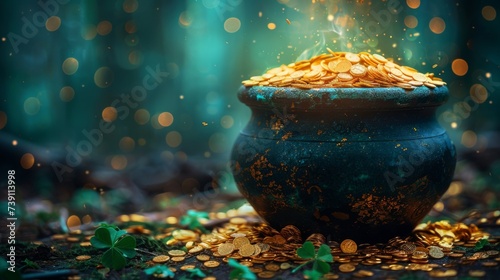 Magical cauldron brimming with gold coins amidst shamrocks and mystical glimmer, embodying the essence of St. Patrick's Day