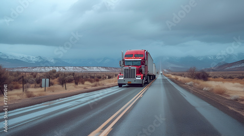Huge semi-truck crossing the southwest United states on an empty road, generative ai © Chaman
