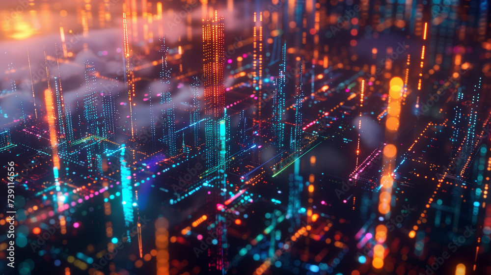 Virtual skyline with luminous stock market data patterns