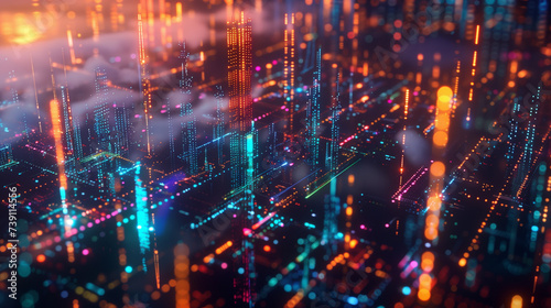 Virtual skyline with luminous stock market data patterns