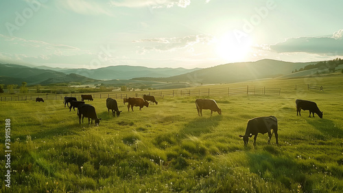 Cattle graze on a lush green pasture with rolling hills in the background  bathed in the golden light of a setting sun.