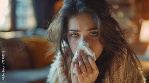 A sick young woman sits under the blanket on the sofa and sneezes with tissue paper at home. Female blowing nose, coughing or sneezing in tissue at home, suffering from flu. Cold and fever