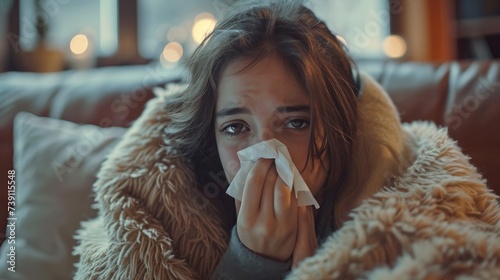 A sick young woman sits under the blanket on the sofa and sneezes with tissue paper at home. Female blowing nose, coughing or sneezing in tissue at home, suffering from flu. Cold and fever