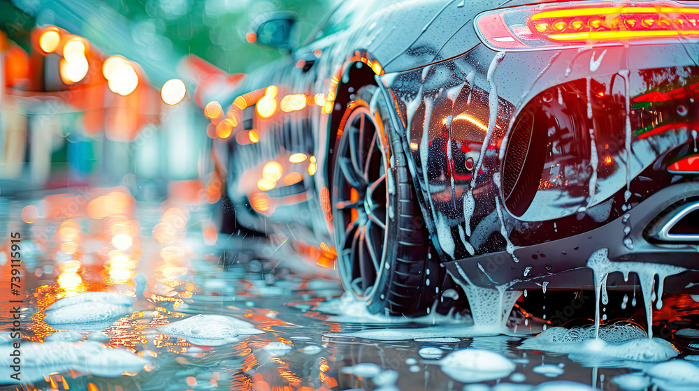 A car covered in soapy suds while being washed, close-up