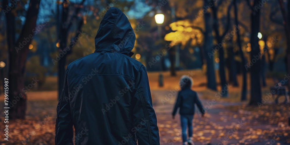 Concept for crime, stalking and sexual assault. Back of man in hood following child kid in dark park street at night late evening Concept for crime, stalking and sexual assault. Back of man in hood following child kid in dark park street at night late evening