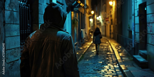 Crime, stalking and sexual assault concept. Back of man in hood following woman in dark narrow street at night late evening photo