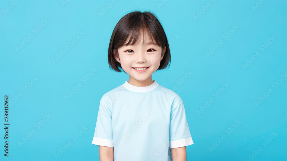 Young little asian girl posing on blue background mockup. Copy space. Young little asian girl posing on blue background mockup. Copy space.