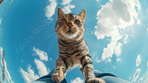 Cat jumps on man. An animal jumps on a person against the sky. First person view with human legs