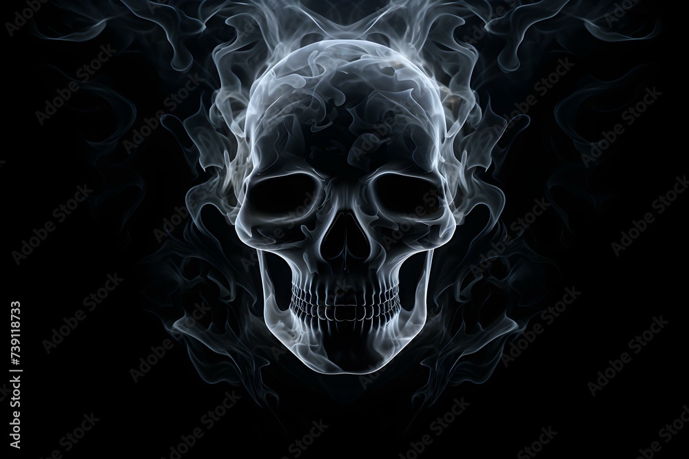 Spooky black background with a hauntingly ghostly skull in abstract design. Concept Halloween Photoshoot, Ghostly Skull, Abstract Design, Spooky Atmosphere, Black Background Spooky black background with a hauntingly ghostly skull in abstract design. Concept Halloween Photoshoot, Ghostly Skull, Abstract Design, Spooky Atmosphere, Black Background