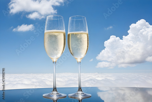 Two champagne glasses poised delicately against a backdrop of wispy clouds, casting subtle reflections that suggest a sunlit sky, champagne effervescence captured mid-ascent. Generative AI