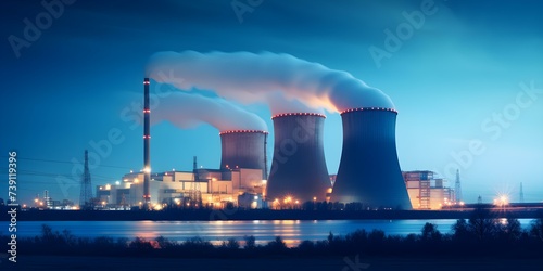 Nighttime image of industrial landscape nuclear power plant with chimneys and cooling towers. Concept Industrial Landscape, Nuclear Power Plant, Chimneys, Cooling Towers, Nighttime Images