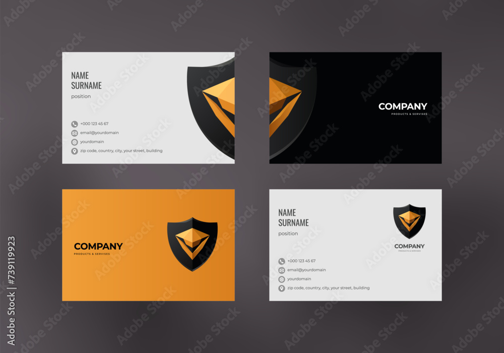 Vector business card template with premium shield logo and dark ...