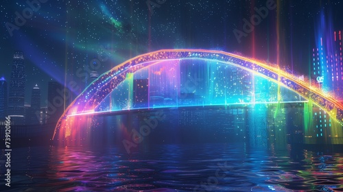 Amidst a spectral city skyline, on Pride Day, a shimmering rainbow bridge spans across a river of stardust, its arches reaching towards the heavens in a dazzling display of unity and inclusion.