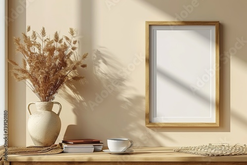 Empty wooden picture frame mockup hanging on beige wall background. Boho shaped vase, dry flowers on table. Cup of coffee, old books. Working space, home office. Art, poster display. Modern interior