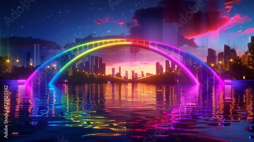Amidst a spectral city skyline, on Pride Day, a shimmering rainbow bridge spans across a river of stardust, its arches reaching towards the heavens in a dazzling display of unity and inclusion.