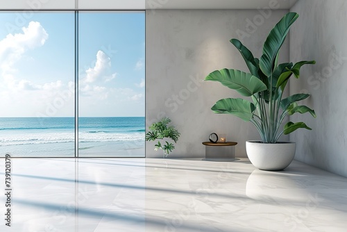 Indoor plant on white floor with empty concrete wall background, Lounge and coffee table near glass window in sea view living room of modern luxury beach house or hotel - Home interior
